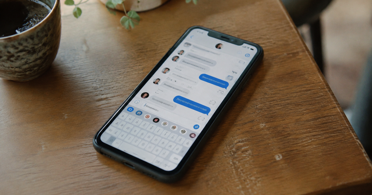 Smartphone pose sur une table, ecran de messagerie allume