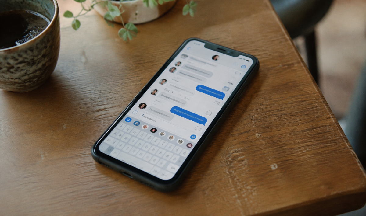 Smartphone pose sur une table, ecran de messagerie allume