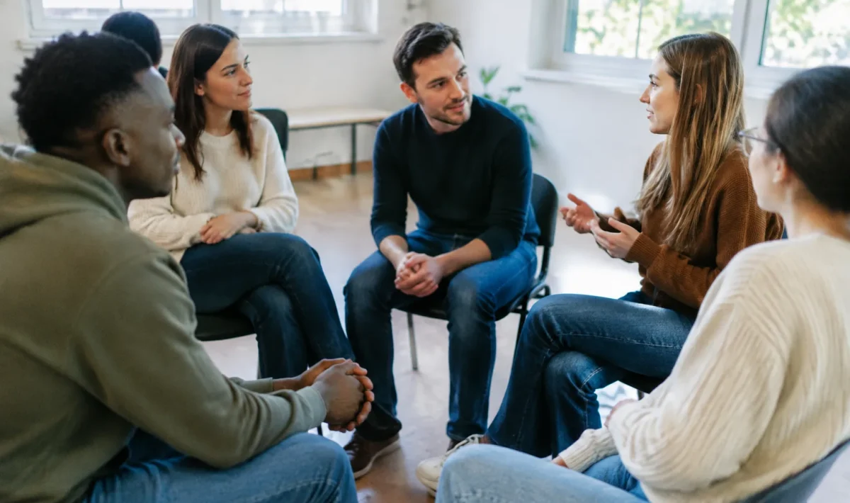 Stagiaires assis en cercle dans une salle lumineuse