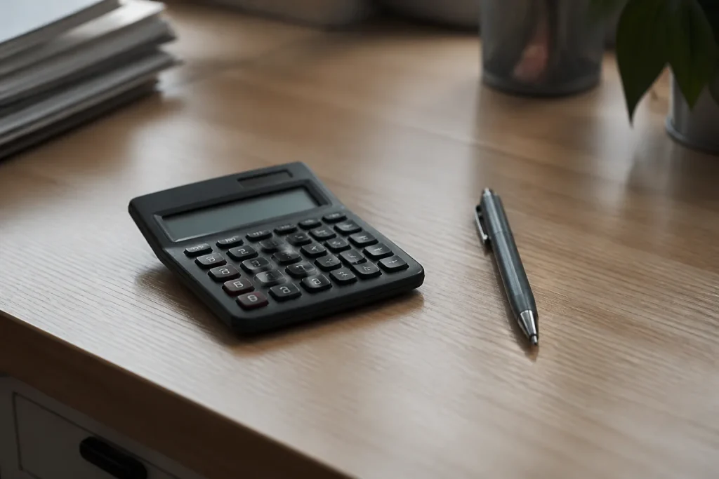 Stylo et calculatrice poses sur un bureau