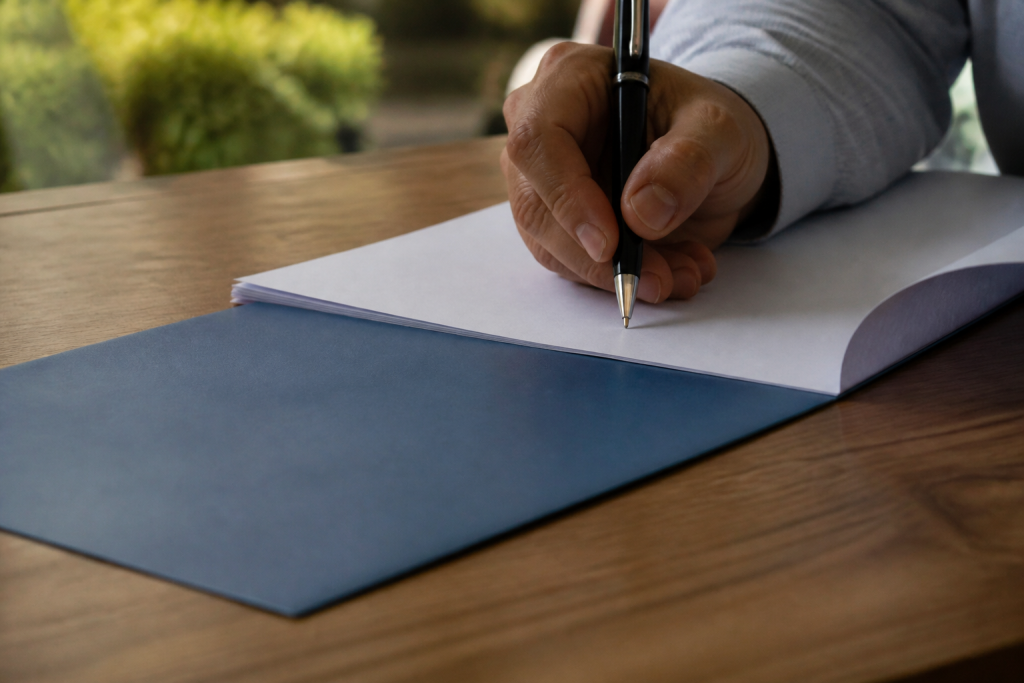Stylo noir sur un contrat avec tableau bleu