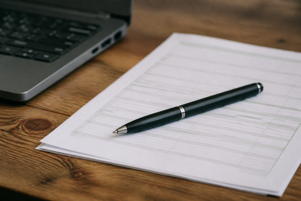 Stylo pose sur un formulaire papier et ordinateur portable